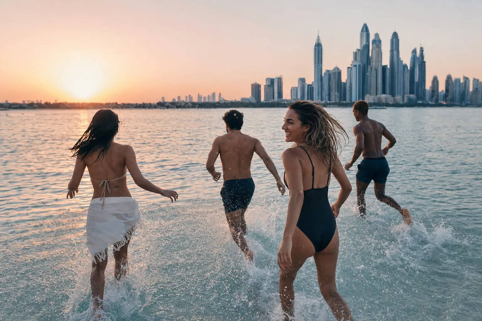 Friends running into the sea at sunset