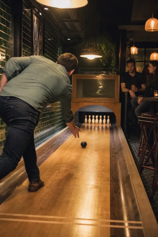 A duckpin bowling lane in a bar