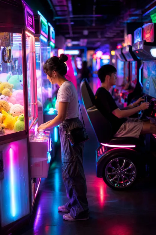 Friends playing neon arcade games